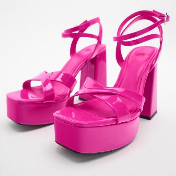 ZARA NEON PINK PATENT STRAPPY CHUNKY PLATFORM HEEL SANDALS SIZE 9 - Picture 1 of 10
